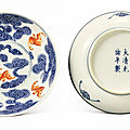 A pair of iron-red and underglaze blue 'wufu' dishes, guangxu marks and period (1875-1908)