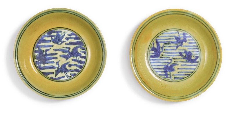 A pair of underglaze-blue and yellow-enameled 'crane' dishes, Jiajing marks and period (1522-1566)