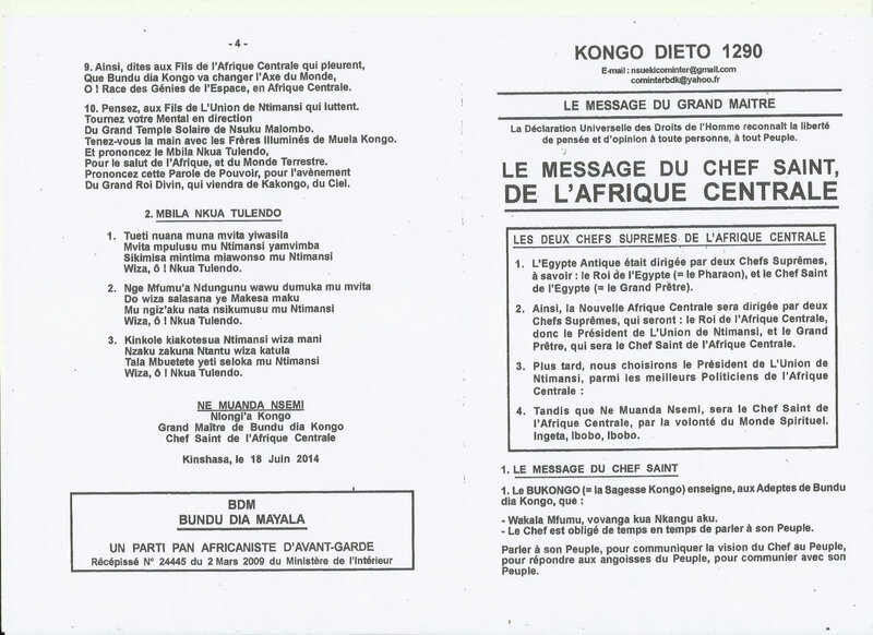 LE MESSAGE DU CHEF SAINT DE L'AFRIQUE CENTRALE a
