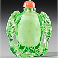 A Fine Chinese Emerald Green Glass Snuff Bottle with Chilong Motif, Attributed to Imperial Glassworks, Qing Dynasty, 18th century