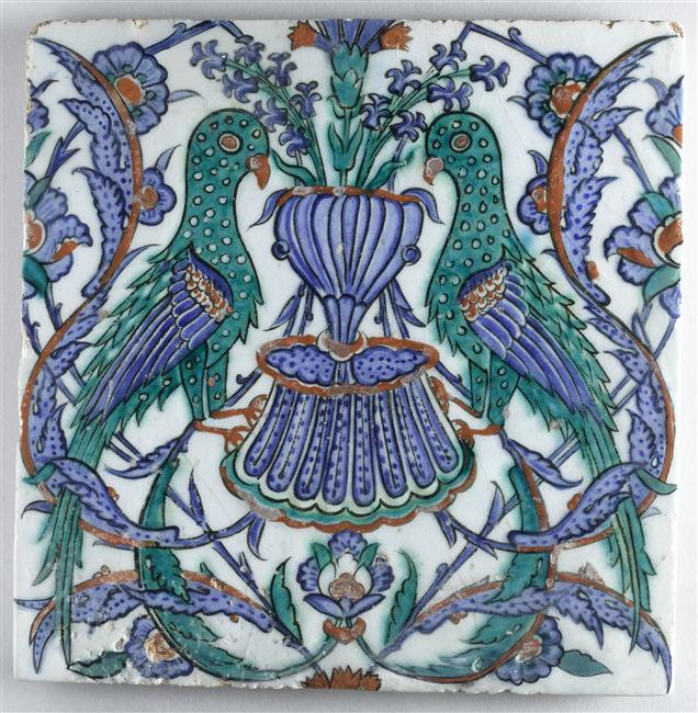 A Highly Rare Polychrome Iznik Tile With Confronted Birds Turkey
