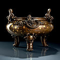 A large and heavy gold-splashed bronze censer with dragon handles, xuande six-character mark, 18th century