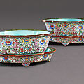 A pair of famille-rose begonia-shaped jardinieres and stands, qing dynasty, qianlong period (1736-1795)