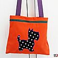 Sac enfant fille original et coloré orange applique motif chien noir à pois ouverture zippée bandoulière