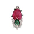 Carved ruby, emerald and diamond pin, cartier, paris, circa 1930