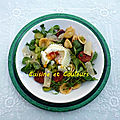 Salade tiède orecchiette/fèves/chorizo et oeuf poché vapeur