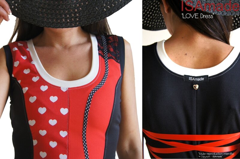 MOD 398D Robe Rouge Saint Valentin coeur pois noir fantaisie originale cadeau femme made in France