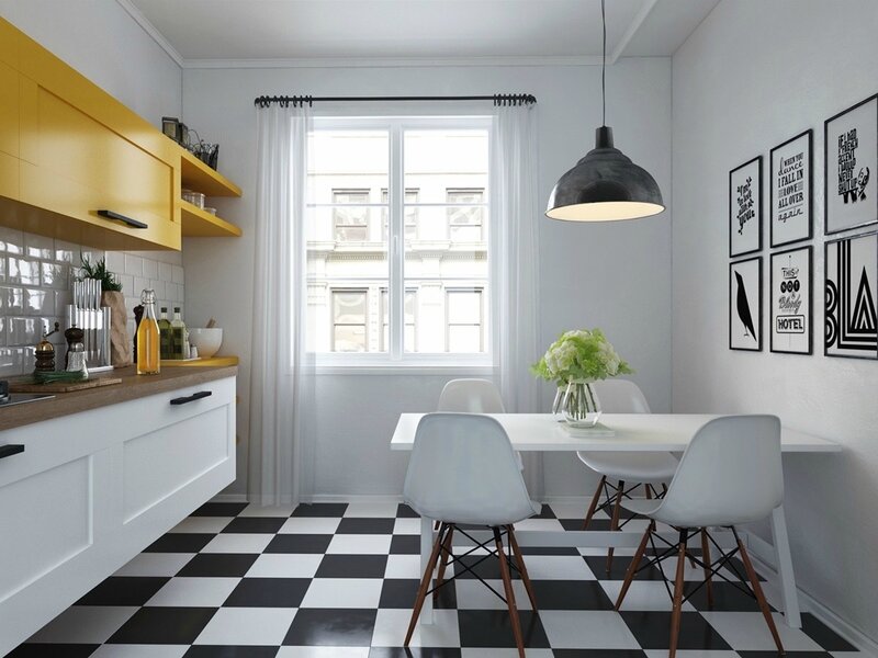 chequered-floor-kitchen-mustard-cabinetry