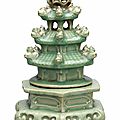 A very rare Longquan celadon pagoda-shaped censer, Ming dynasty (1368-1644)