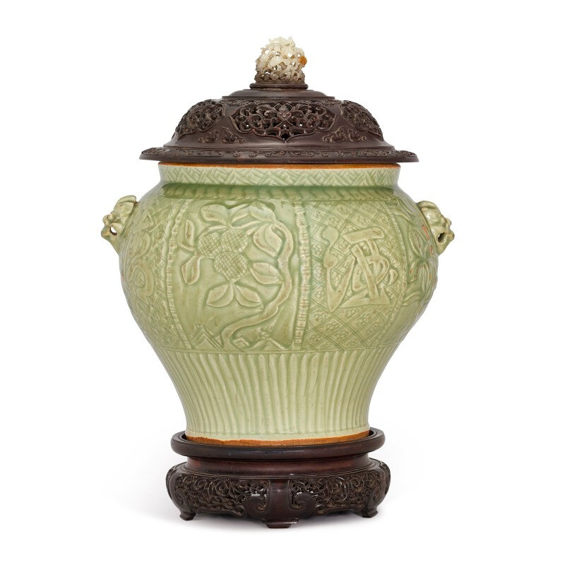 A rare large Longquan celadon 'sanduo' jar, guan, Ming dynasty, 15th - 16th century