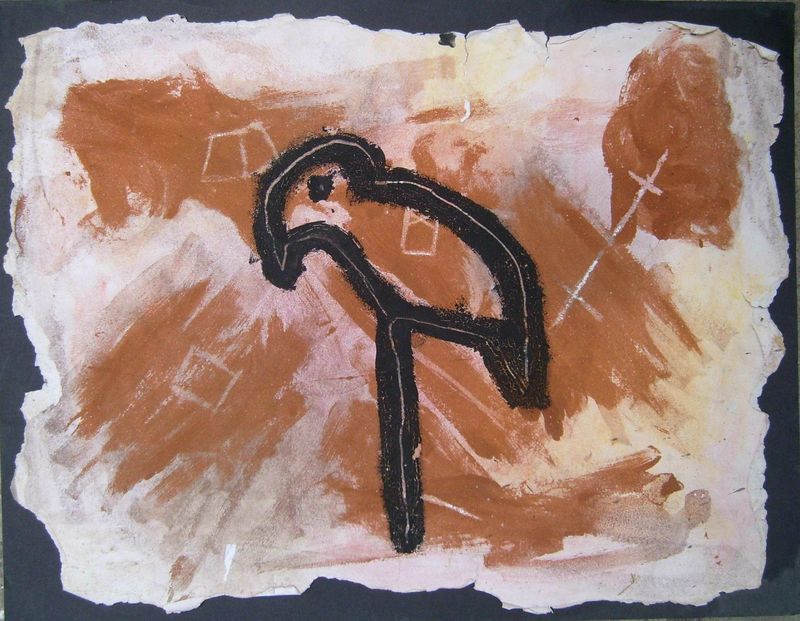 Art rupestre oiseau échassier sables colorés - Inspiration art préhistorique - Art pariétal enfant