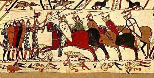 Bataille d'Hastings 14 octobre 1066 La charge de la cavalerie normande sur les rangs saxons Tapisserie de Bayeux