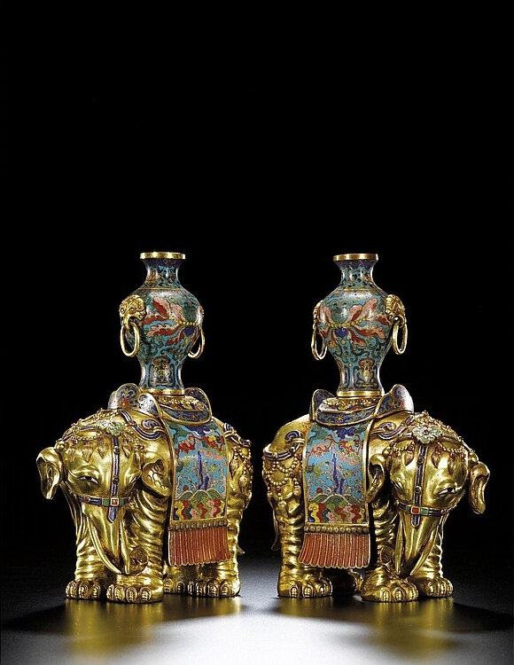 A pair of cloisonné and gilt-bronze caparisoned elephants, Qing dynasty, 18th century