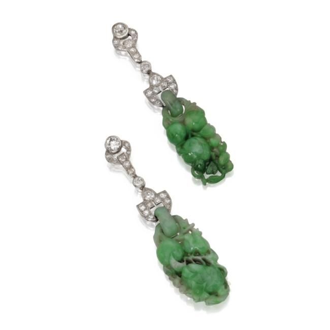 Jadeite, Diamond, Onyx and Enamel Pendant-Necklace & Pendant-Earrings ...