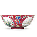 A fine famille rose ruby-sgraffiato-ground 'medallion' bowl, daoguang seal mark and of the period (1821-1850)