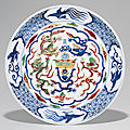 A rare wucai 'dragon' dish, wanli six-character mark in underglaze blue within a double circle and of the period (1573-1619)