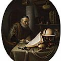 Gerrit dou (leiden 1613 – 1675 leiden), scholar interrupted at his writing ,ca. 1635