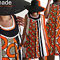 Robe trapèze Graphique ethnique Blanc écru imprimé wax africain avant gardiste design optique orange/ noir