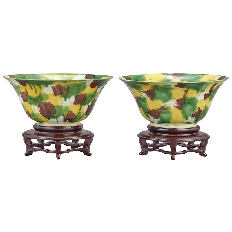 Two Similar Chinese 'Egg and Spinach' Glazed Porcelain Bowls, Kangxi Period 1