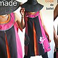 Robe trapèze très graphique noire/orange/ fuchsia de style sixties ...sur un thème danse, très couture ! printemps 2013.