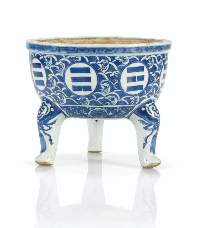 Brûle-parfum tripode en porcelaine bleu blanc, Dynastie Ming, époque Wanli