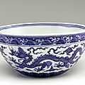 Porcelain bowl with thick walls, 1426-1435, Ming dynasty, Xuande reign. Porcelain with cobalt under colorless glaze. H: 12.6 W: 26.6 cm. Jingdezhen, China. Purchase F1945.35. Freer/Sackler © 2014 Smithsonian Institution