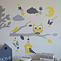stickers hibou jaune gris blanc lune nuage étoiles papillon - décoration chambre bébé hibou étoiles jaune gris blanc