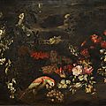 Ecole napolitaine du xviième. natures mortes, bouquet de fleurs avec un perroquet et fruits sur un entablement