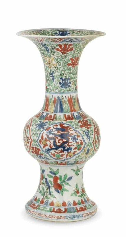 A very rare wucai 'dragon' vase, gu, Wanli mark and of the period (1573-1619)