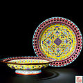 A fine and exceptionally rare pair of yellow-ground famille rose pierced rim dishes, qianlong period (1736-1795)