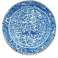 A monumental safavid blue and white pottery dish, persia, probably kirman, 17th century