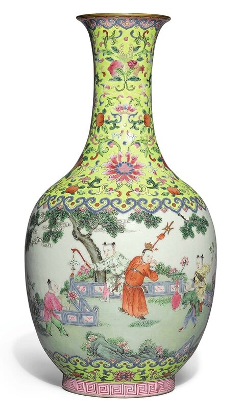 A fine famille-rose 'Boys at play' bottle vase, Jiaqing seal mark and period