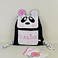 Sac à dos maternelle personnalisé avec le prénom Pauline cartable panda sac crèche fille rose gris étoiles