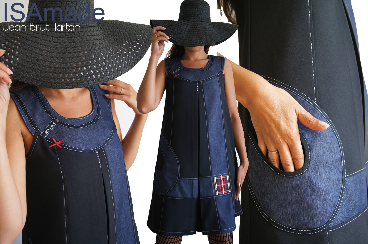 Une robe trapèze Noire et Jean Brut à tartan écossais au look Géométrique et de style Sixties 