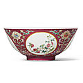 A famille-rose 'flowers and fruit' medallion sgraffiato ruby-ground bowl, daoguang seal mark and period (1821-1850)