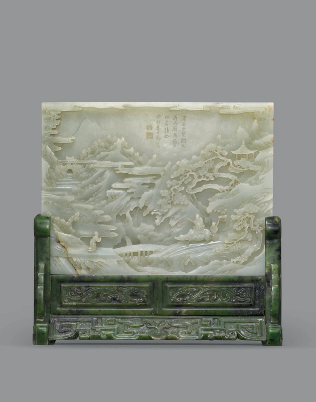 A superb finely carved and inscribed Imperial pale celadon jade rectangular table screen, Qianlong period (1736-1795)