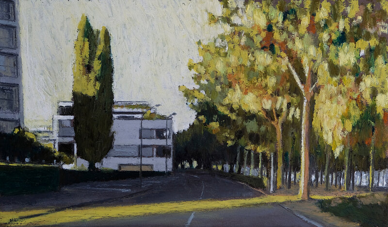 un dimanche soir sur la rabine, pastel à l'huile, 32 x 19 cm, octobre 2018