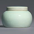 An exceptionally rare ‘wintergreen’ glazed jar and cover, ming dynasty, yongle period (1402-1425)