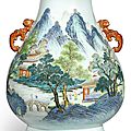 A finely painted and extremely rare large famille-rose 'landscape' vase, hu, seal mark and period of qianlong (1736-1795)