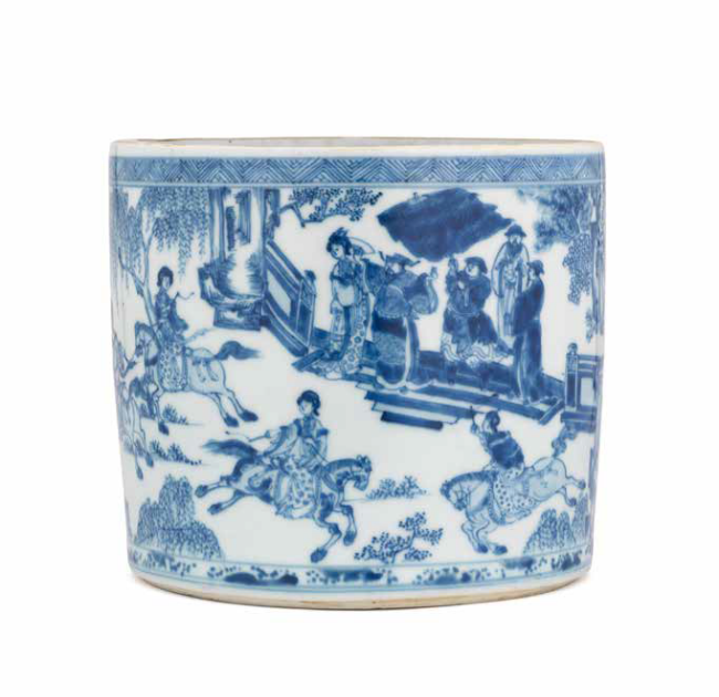 A rare early blue and white brush pot, bitong, Kangxi (1662-1722)