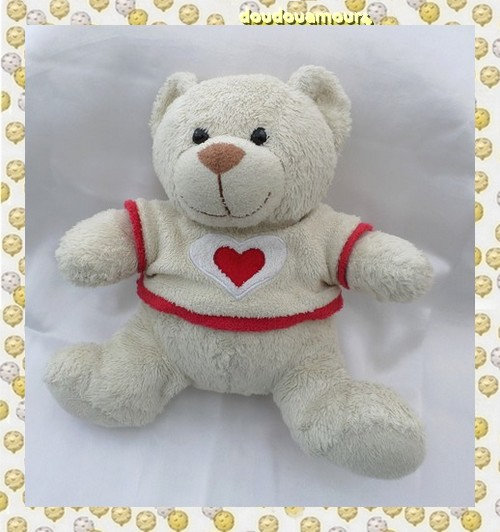 Doudou Peluche Ours Assis Crème Pull Coeur Rouge Nicotoy