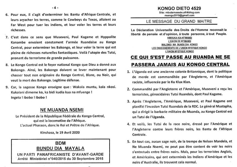 CE QUI S'EST PASSE AU RUANDA NE SE PASSERA JAMAIS AU KONGO CENTRAL a