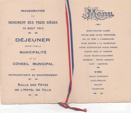 CPA Menu Inauguration 3 Sièges 1913 Verso