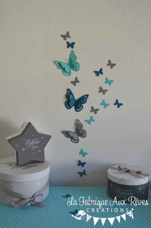 stickers papillons 3D turquoise gris bleu canard pétrole - décoration chambre bébé turquoise gris bleu canard pétrole
