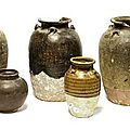 A group of six glazed pottery jars. Vietnam, late 15th/early 16t