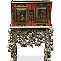Cabinet flamand en bois laqué et doré sur fond rouge et noir, xviième siècle, piétement d'époque charles ii, angleterre