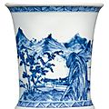 A blue and white landscape brushpot. qing dynasty, kangxi period