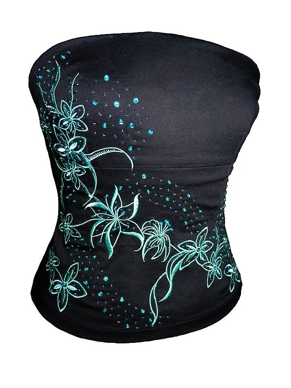 Le bustier noir brodé fleurs bleues Bustiers et corsets pour vos soirées