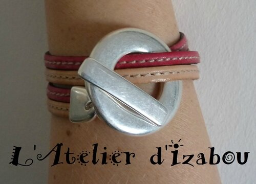 P1150876 Bracelet femme cuir double tour cuir cousu rose fuschia et cuir cousu naturel et gros fermoir toggle