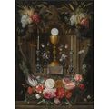 Jan van kessel the elder (antwerp 1626 - 1679), the eucharist: a gold chalice, a host and two silver candelabras in a stone nich